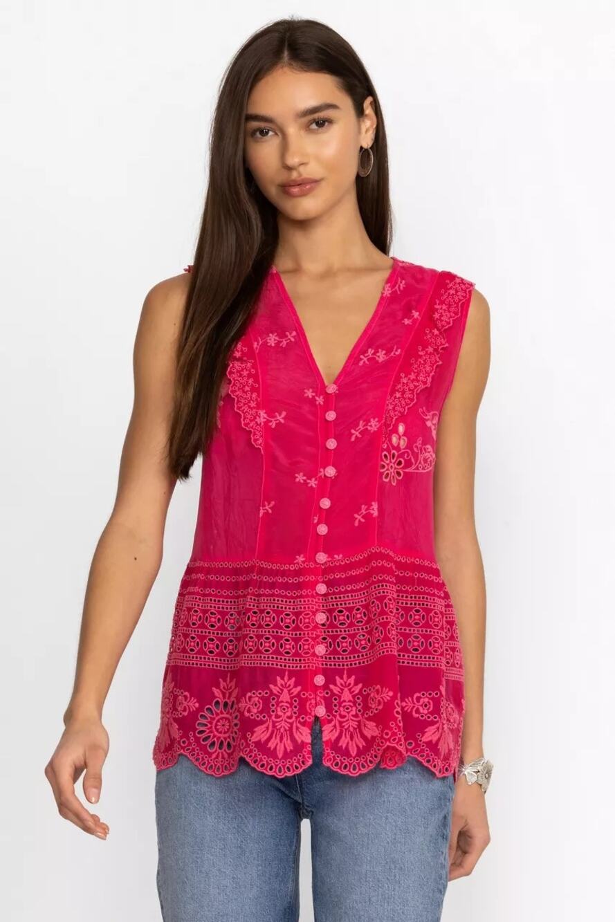 Johnny Was Rodeo Anitta Blouse Pink Eyelet Embroidered Ruffle Scalloped Hem Sz S